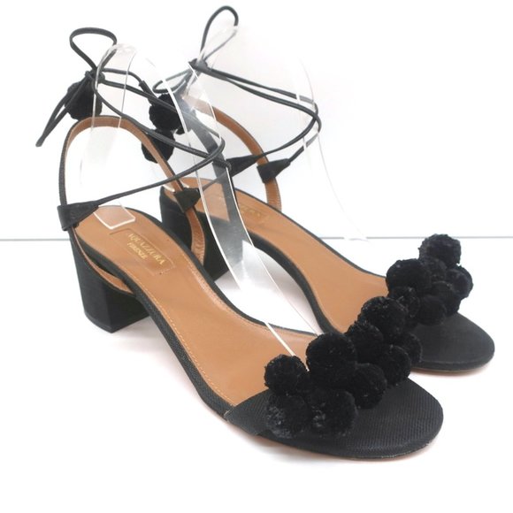 Aquazzura Shoes - AQUAZZURA POM POM ANKLE TIE SANDALS BLACK RAFFIA SIZE 39 OPEN TOE MID-HEEL
